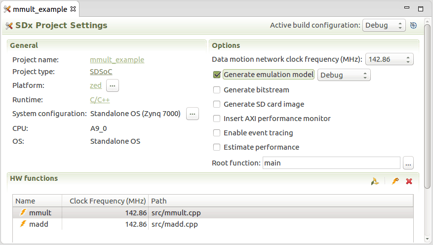 Figure 2: The mmult Project Settings Needed to Enable Emulation